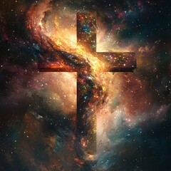 Christian-themed vector background featuring a radiant cross against a stunning cosmic universe, symbolizing faith and spirituality.

