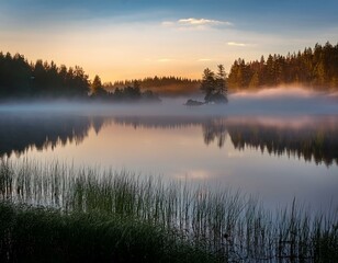 Fototapeta premium A misty fog rolling over a quiet lake at dawn