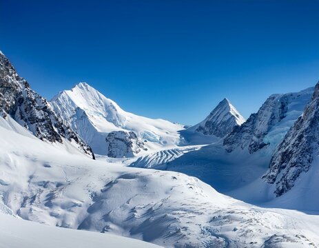 A snowy mountain landscape with a clear blue sky