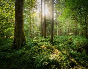 Obraz premium A lush forest with sunlight filtering through the trees