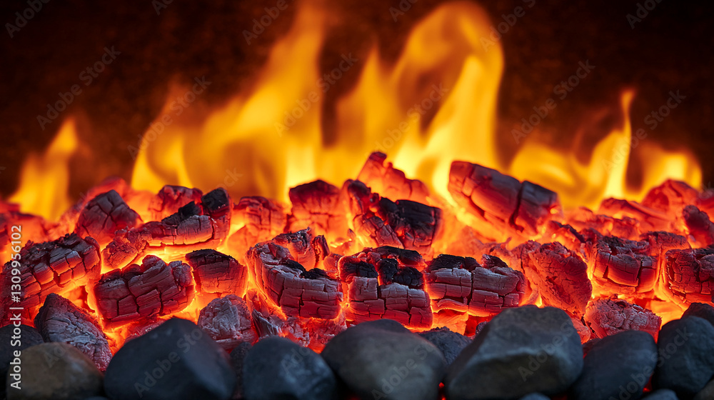 Poster glowing embers and orange flames in a fireplace, creating a warm and intense image symbolizing comfo
