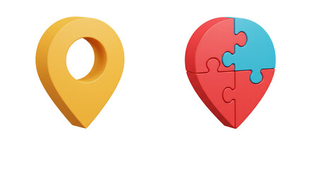 Fototapeta premium Location Pin Icons: 3D Map Pointer with Jigsaw Puzzle Concept