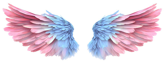 Beautiful realistic symmetrical angel wings. Pink blue, pastel gradient wings with detailed feathers. Generative AI png with transparent background, clipart.