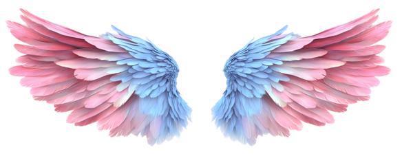 Beautiful realistic symmetrical angel wings. Pink blue, pastel gradient wings with detailed feathers. Generative AI png with transparent background, clipart.