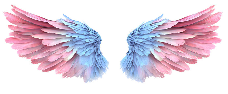 Beautiful realistic symmetrical angel wings. Pink blue, pastel gradient wings with detailed feathers. Generative AI png with transparent background, clipart.