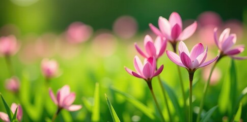 Obraz premium Delicate bulbocodium flowers in soft pink hue amidst lush green meadow grass, green, nature, floral