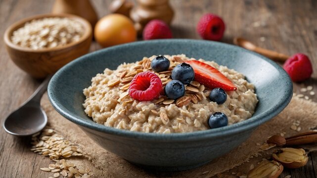 Desayuno nutritivo de avena con frambuesas, ar&aacute;ndanos y fresas en un taz&oacute;n de cer&aacute;mica azul