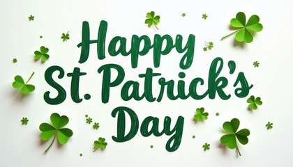 Vibrant St. Patrick's Day Celebration: Green Background, Bold White Text, Sprinkled with Green Clover Leaves. A happy St. Patrick's Day lettering surrounded by green clover leaves.