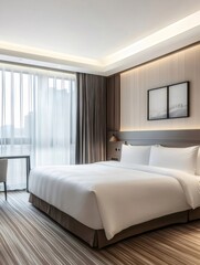 Modern hotel room, city view, bed, comfort