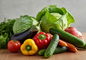 Fresh assortment of colorful vegetables including cabbage, peppers, and cucumbers