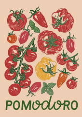 Vector vegetable poster of cherry and tomatoes. Hand-drawn garden harvest sketch. Tasty food illustration for restaurant and cafe interior, veggie market drawing print, fabric or background.
