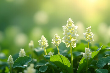 Fototapeta premium White Flowers with Green Leaves in Natural Setting