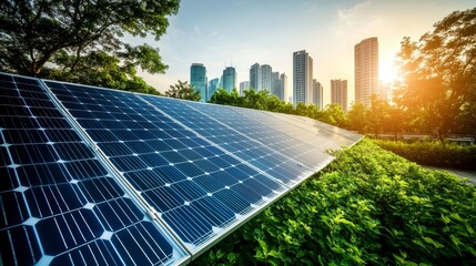 Solar panels near a cityscape, green foliage in foreground during sunrise/sunset
