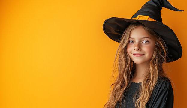 Cute Girl Dressed as a Witch for Halloween on an Orange Background