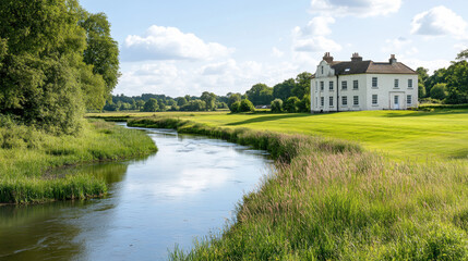 Fototapeta premium Charming house nestled by a serene river surrounded by lush greenery in a picturesque rural setting photography