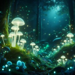 Enchanted Forest Lit by Firefly Mushrooms