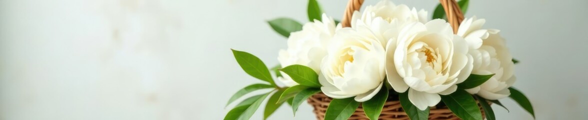 Fototapeta premium Freshly picked white peony flowers in a garden basket, white, arrangement