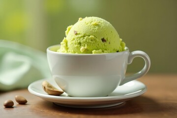 shot of a coffee cup with a scoop of creamy pistachio ice cream on the side, pistachio, ice cream