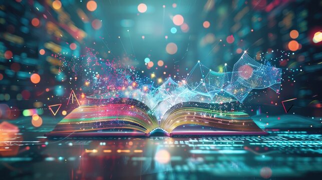 A modern digital concept with a bright open book emitting colorful lines, nodes, and AI-inspired data visuals, representing knowledge, innovation, and transformation in business and technology
