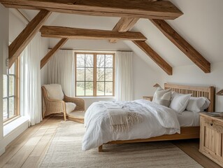 A cozy bedroom interior with wooden beams and bright white linens
