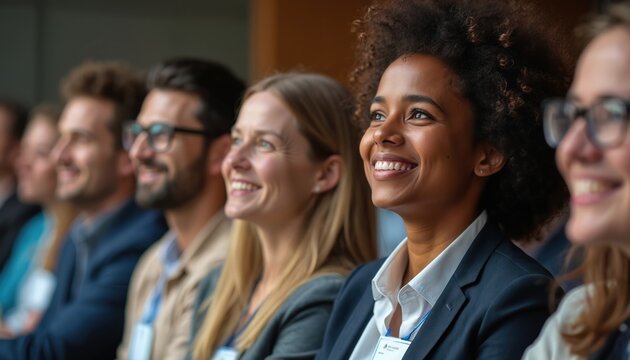 Global health innovation conference featuring diverse speakers, attendees. Happy people in boardroom with name tag badges smile, discussing current tech, social issues at convention. Innovation,