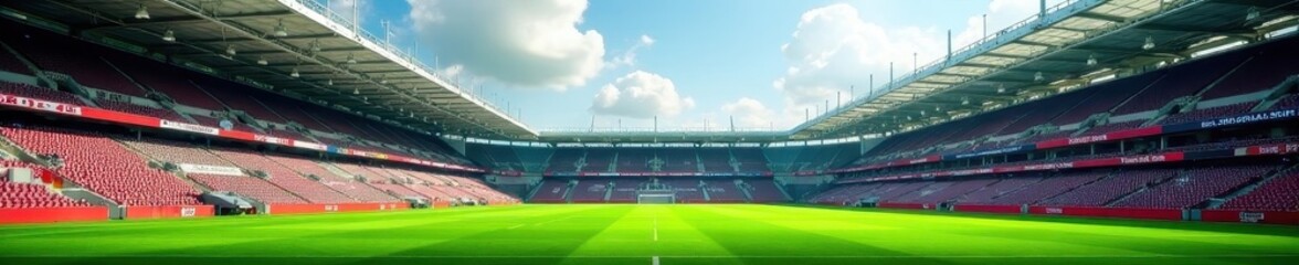 Daytime view, green field, towering stadium stands, view, stands, arena