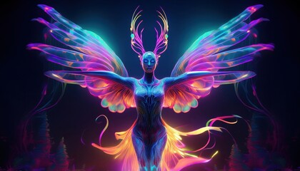 A radiant creature with intricate wings mesmerizes in a mystical, colorful landscape.