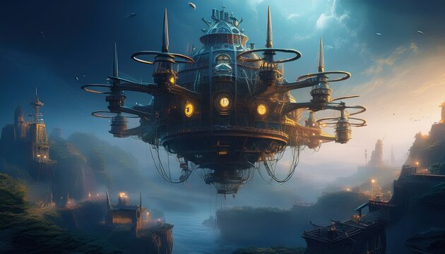 Majestic gears turn slowly as a floating city emerges from misty mountains, glowing in early light.