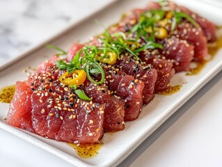 Fototapeta premium Freshly Prepared Sliced Tuna on Plate Garnished with Green Onion, Sesame Seeds and Chili Slices in Beautiful Presentation for Culinary Art