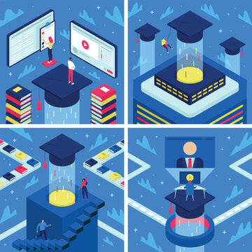 Isometric set of bright concepts on the topic of learning, young people are on online education using tablets and phones