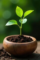 Naklejka premium Hazel stem in wooden bowl prepared for planting, roots, soil, hazel