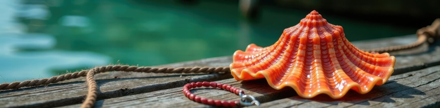 Harpago chiragra conch on a wooden dock with rope and netting, dock, fishing, harpago chiragra