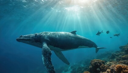 Fototapeta premium Underwater shot of mighty humpback whale swimming in blue ocean with sun rays and school of fish. Marine life, conservation, nature stock for oceanographic projects. The beauty of wild nature.
