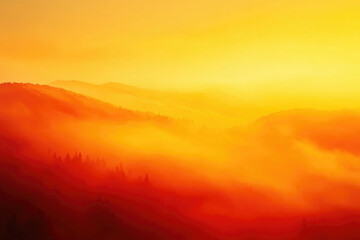 Obraz premium Misty mountain landscape bathed in warm, golden sunrise light, creating a serene and fiery scene.