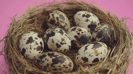 Obraz premium Bird eggs in nest on pink backdrop, natural concept