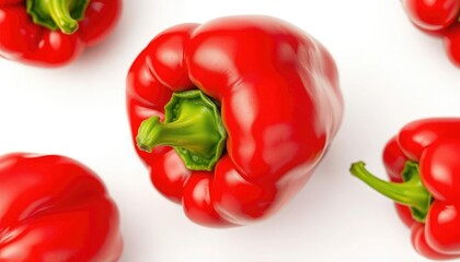 Single vibrant red bell pepper, glossy skin, isolated on pure white, paprika, nutrition