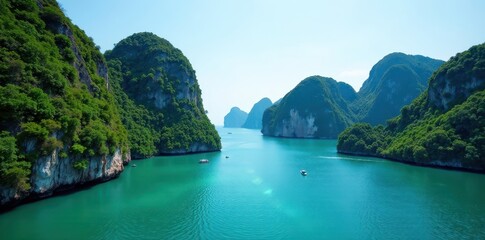 Obraz premium Dramatic limestone cliffs rise from emerald green waters around Nang Yuan and Tao islands , coast, impressive, view