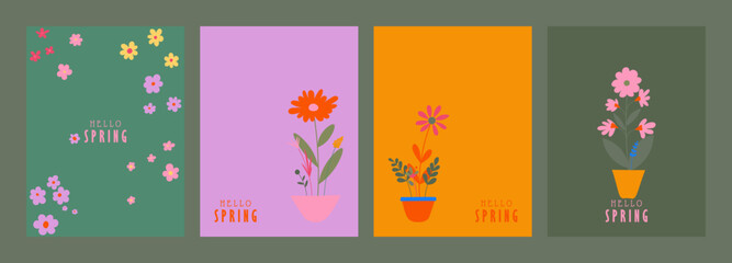 Set of greeting cards / posters in a modern minimalistic style. illustrations of wildflowers, Narcissus flower, Crocus flowers, tulip flower, flowers in vase, bouquet. Hand drawn Floral invitation.