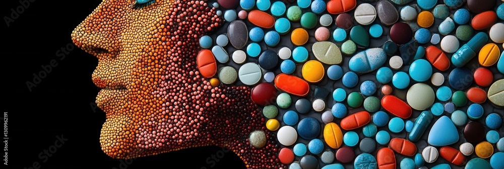 Poster intricate mosaic of colorful pills creating a detailed human silhouette with artistic flair and gold