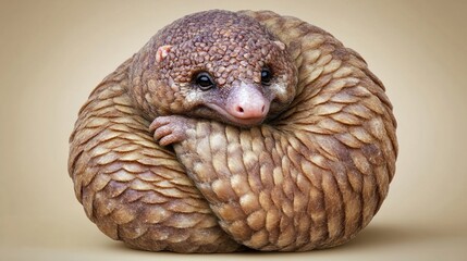 Obraz premium Pangolin curled, studio shot, beige backdrop, wildlife conservation