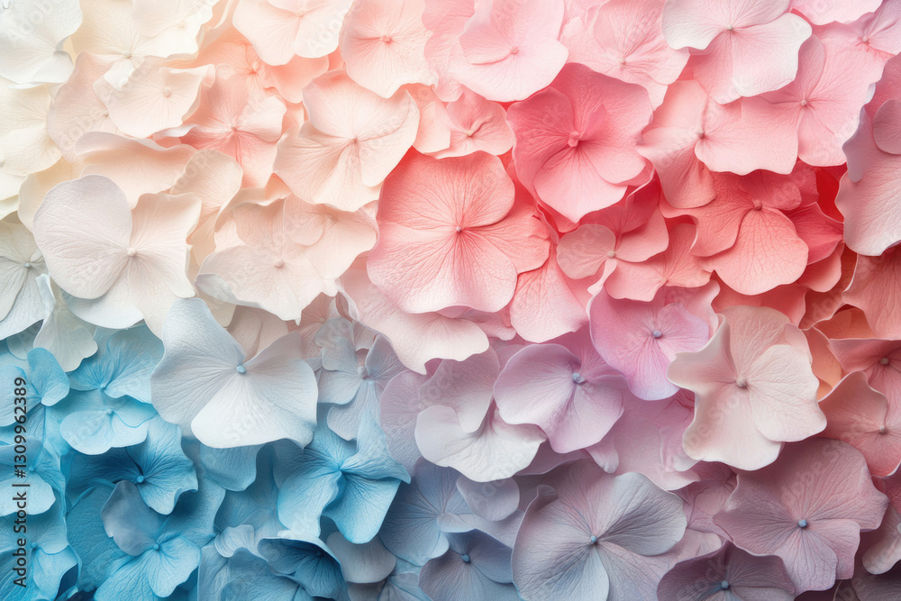 Poster A gradient of pastel hydrangeas, transitioning from cool blues to warm pinks.