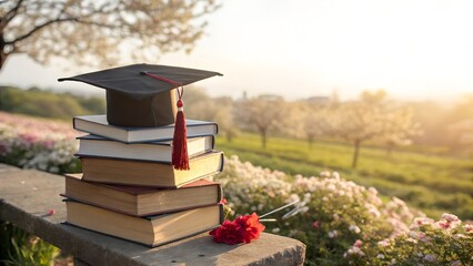 Higher Education, A graduation cap rests atop a stack of books, symbolizing academic achievement and the pursuit of knowledge in a serene outdoor setting. 
