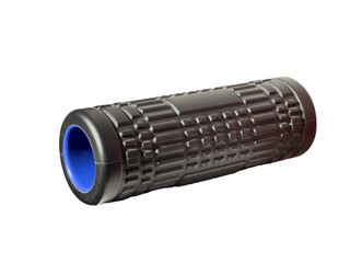 Black roller with textured surface and blue interior, ideal for self-massage, myofascial release and improvement of flexibility and physical well-being. Isolated on transparent or white background.