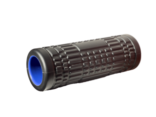 Black roller with textured surface and blue interior, ideal for self-massage, myofascial release and improvement of flexibility and physical well-being. Isolated on transparent or white background.