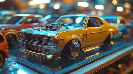 A yellow car with a chrome grill sits on a shelf with other cars. The scene is a display of toy cars, and the yellow car is the center of attention