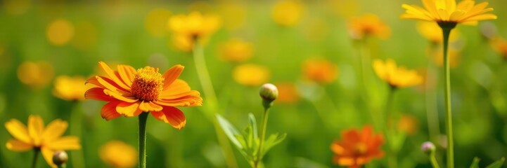 Orange marigold and yellow daisies in a field, meadow, blooming