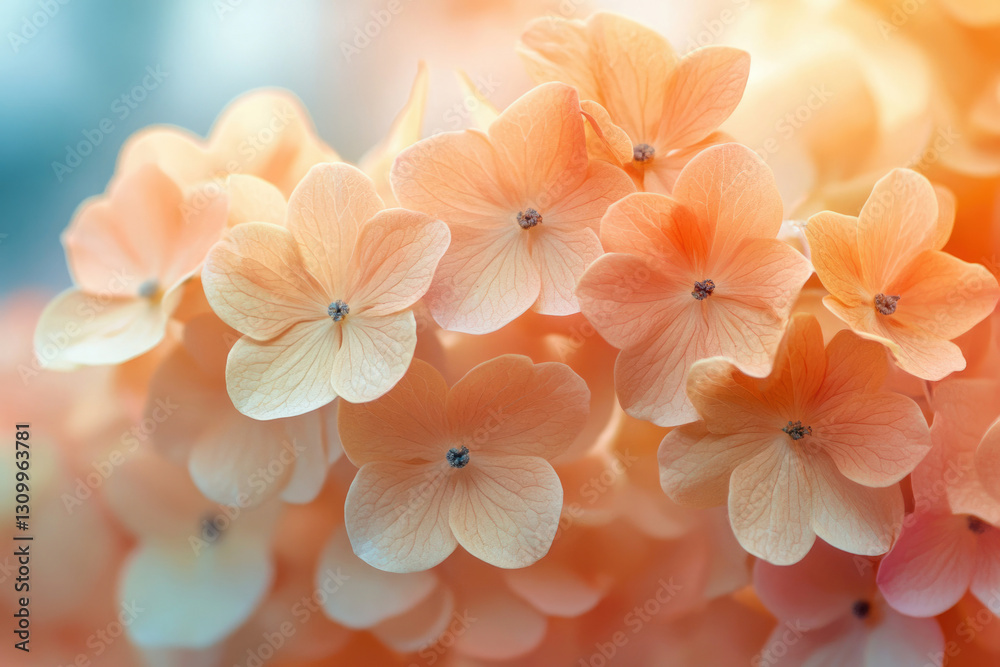 Poster Close-up of delicate peach-colored hydrangeas, bathed in soft sunlight, creating a serene and beautiful image.