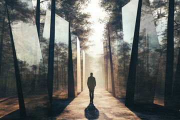A solitary figure walks through a mystical forest pathway lined with towering reflective glass panels, bathed in ethereal light.