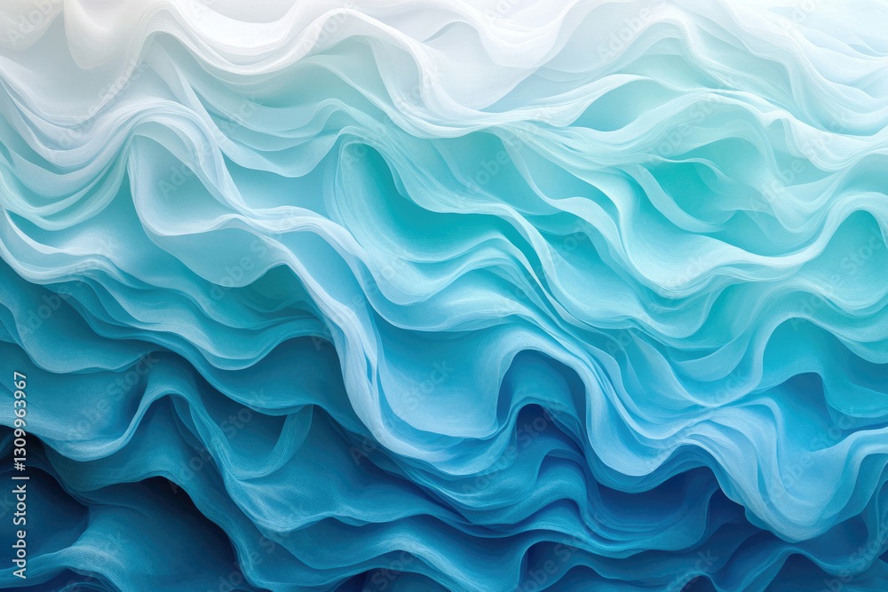 Poster Abstract image of flowing, translucent fabric in shades of blue, creating a wave-like pattern.