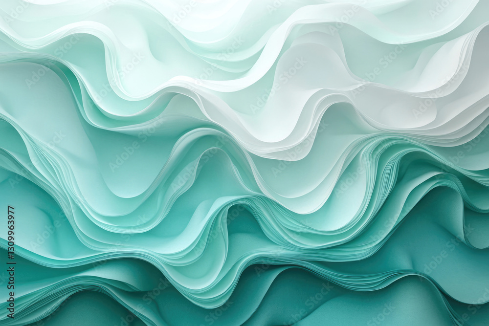 Poster Abstract image of layered teal and white fabric creating a wave-like pattern.